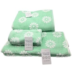 Common Thread Eco Melange White Daisy Mint Green Zero Twist Cotton Towel  Set x6